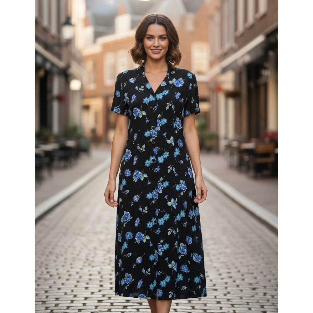 Vintage David Benjamin Floral Maxi Dress Womens M Blue Prairie Whimsigoth Button